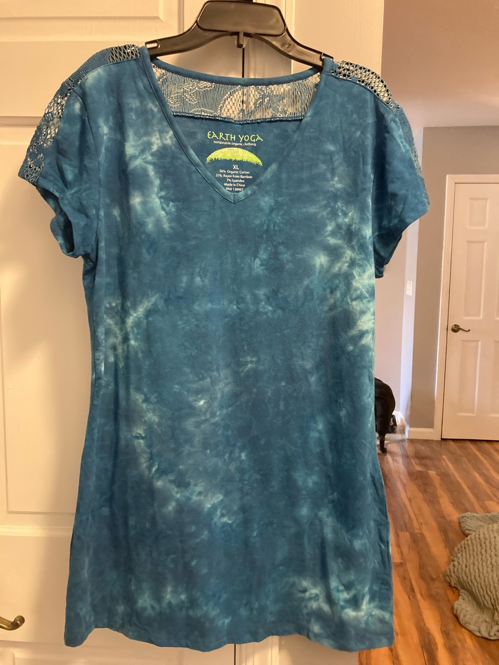 Earth Yoga Blue Tie-Dye V-Neck Tee with Lace Shoulder Detail